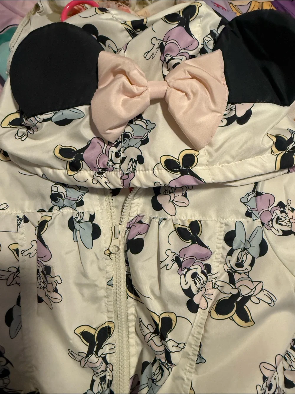 Girls' Cream Minnie Mouse Puffer Jacket with Hood